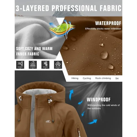 Women's Brown Fleece Lined Fabric Winter Warm Windproof Vest Hooded Jacket Coat - Picture 5 of 6